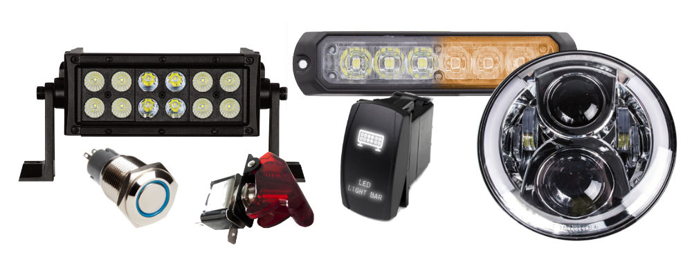 various lighting components. headlights, switches, and light bars